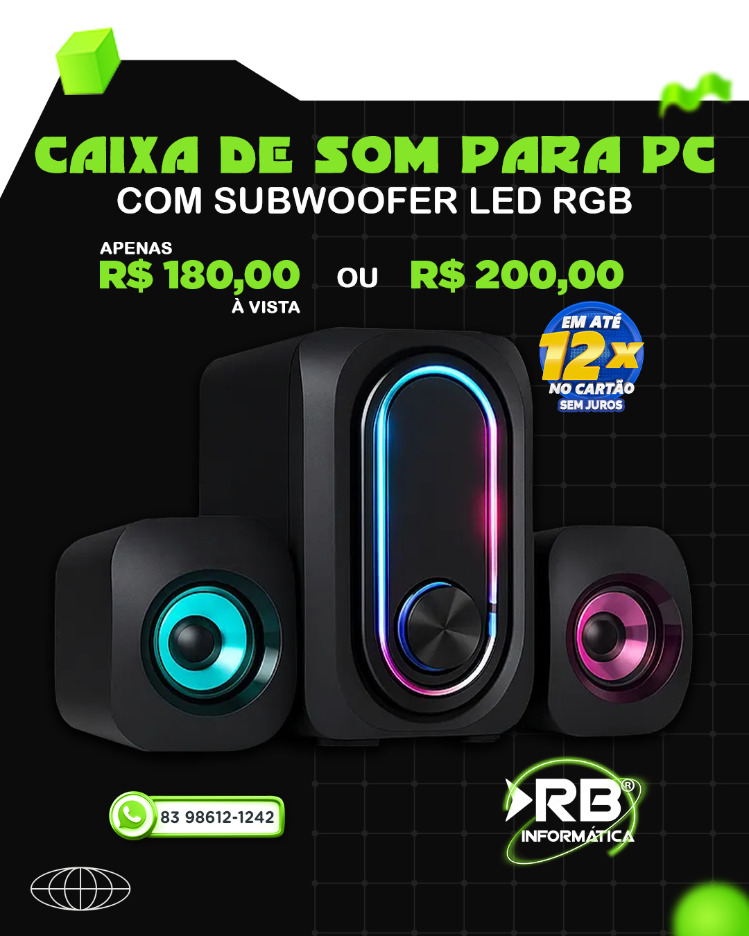 Caixa de Som para PC com SUBWOOFER LED RGB
