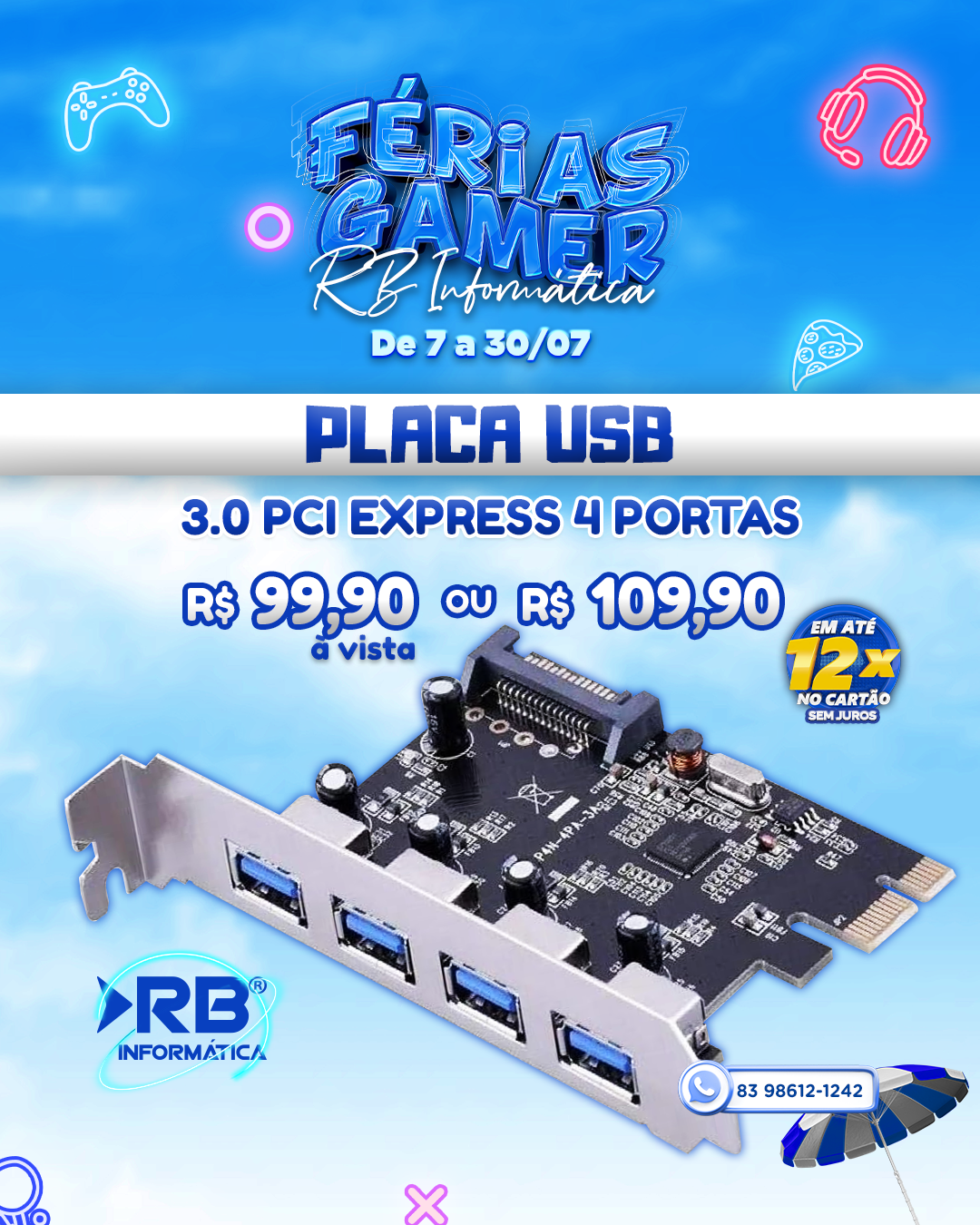 Placa USB 3.0 PCI Express - 4 Portas