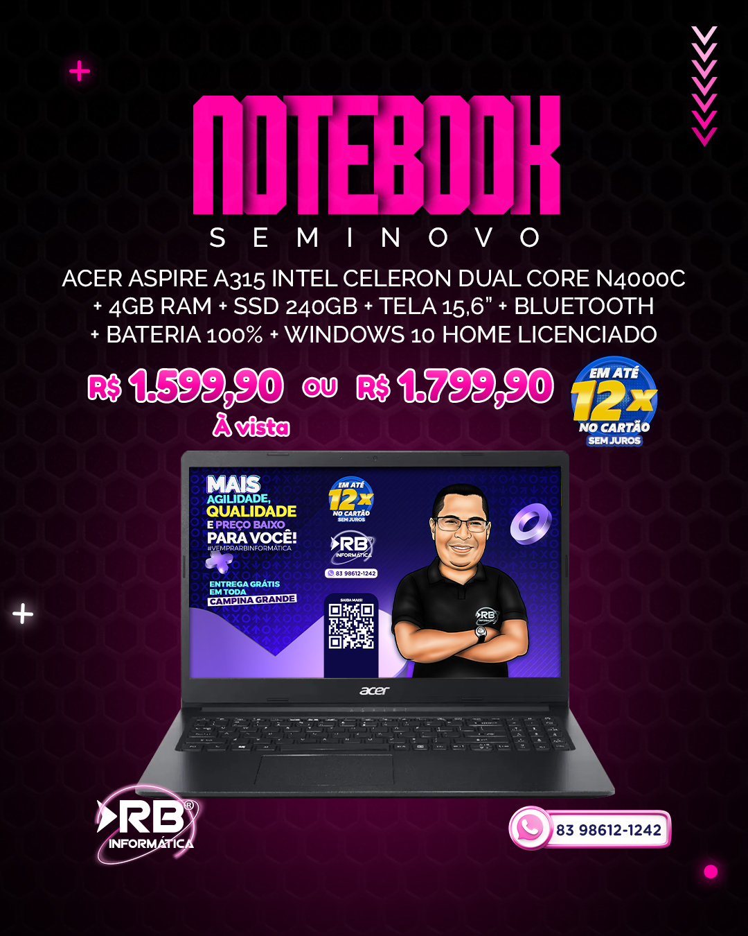 Notebook SEMINOVO Acer Aspire A315 Intel Celeron Dual Core N4000C