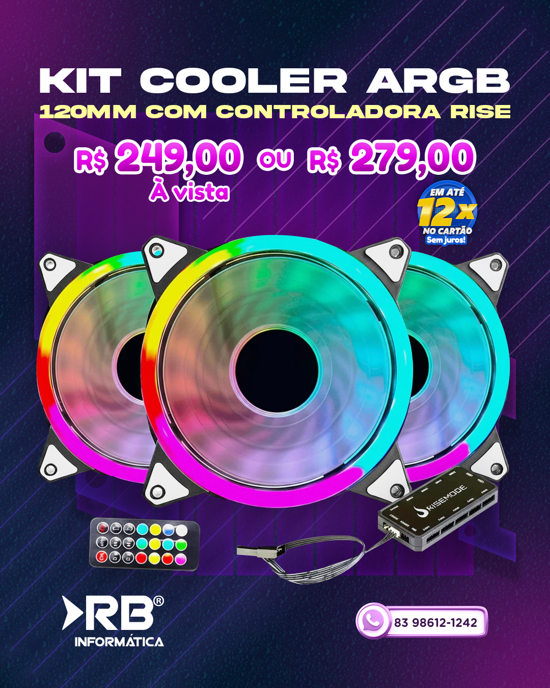 Kit Cooler ARGB 120mm com controladora RISE