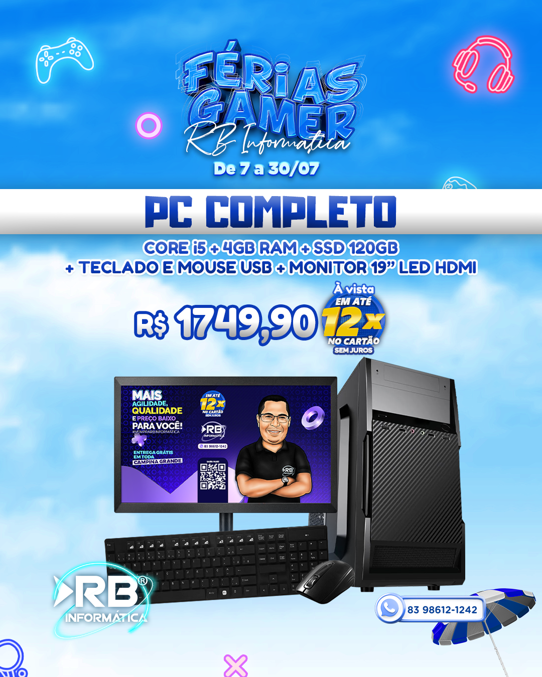 PC Completo Core i5 + 4GB RAM + SSD 120GB + Teclado e Mouse USB + Monitor 19" LED HDMI