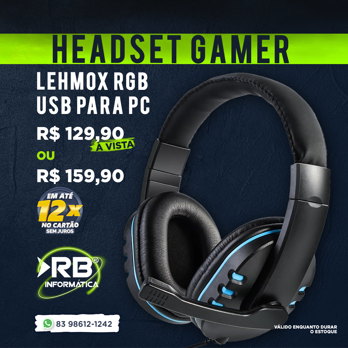 Headset Gamer LEHMOX RGB USB para PC