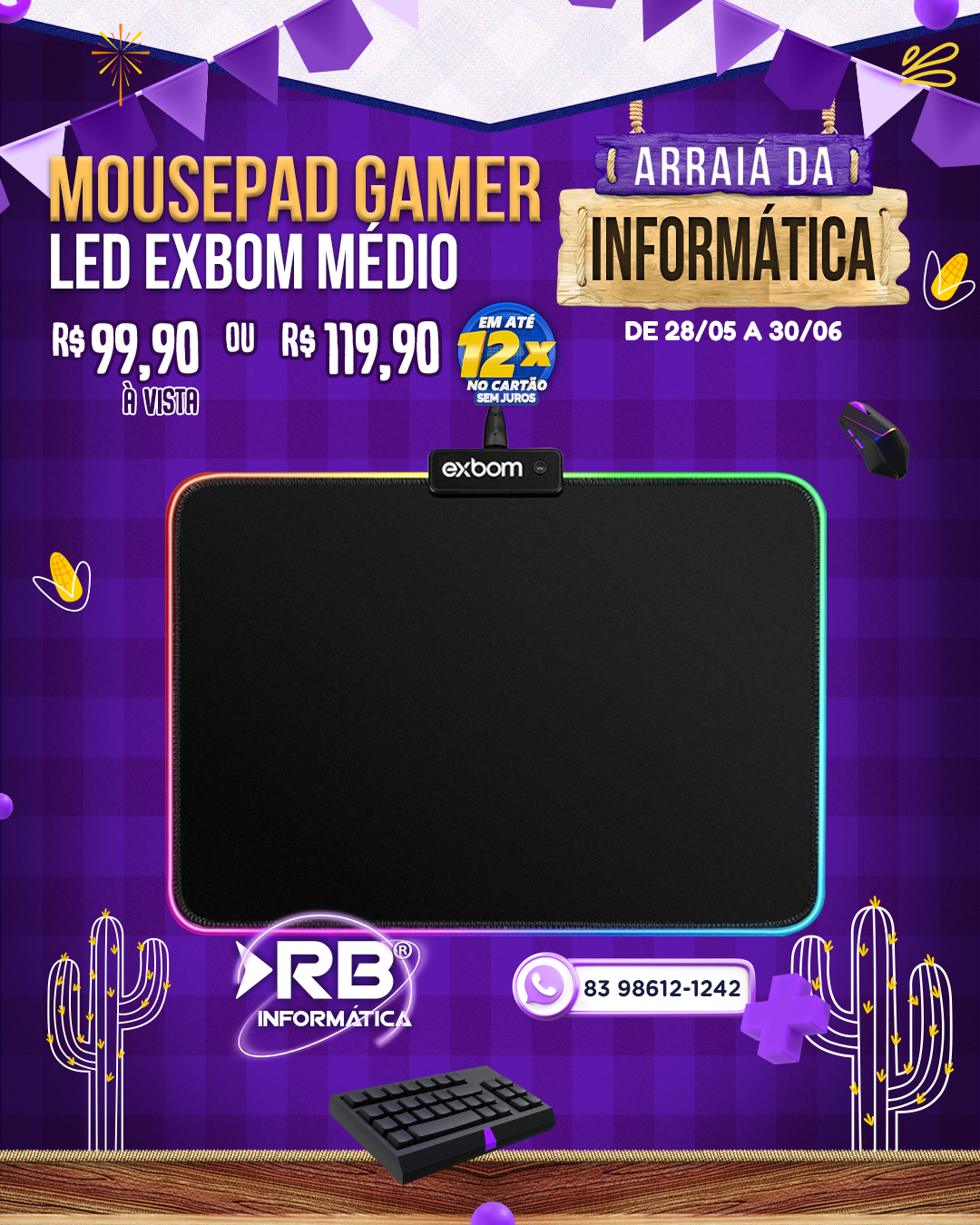 Mousepad Gamer LED EXBOM Médio