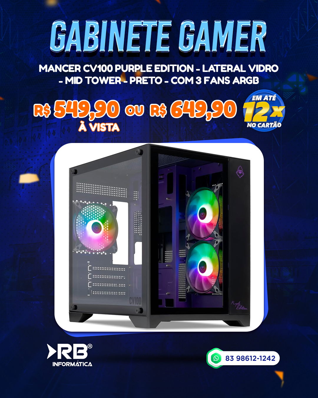 Gabinete Gamer - MANCER CV100 PURPLE EDITION - Lateral de Vidro