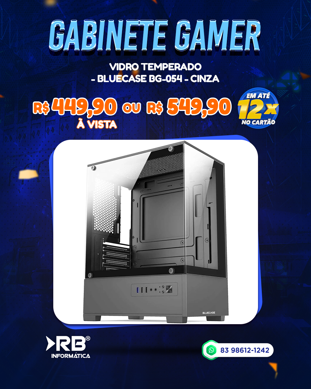 Gabinete Gamer - Vidro Temperado - BLUECASE BG-054 - Cinza