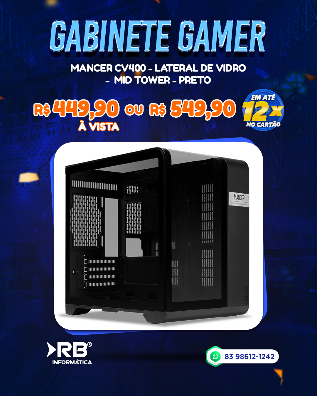 Gabinete Gamer - MANCER CV400 - Lateral de Vidro - MID TOWER - Preto