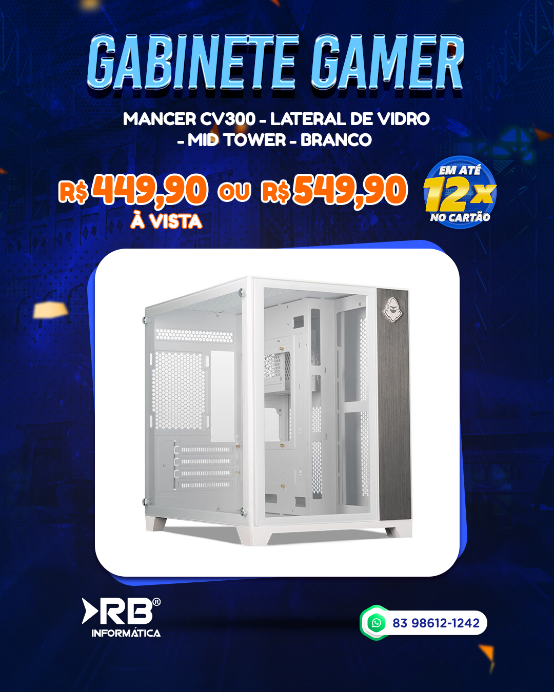 Gabinete Gamer - MANCER CV300 - Lateral de Vidro - Branco