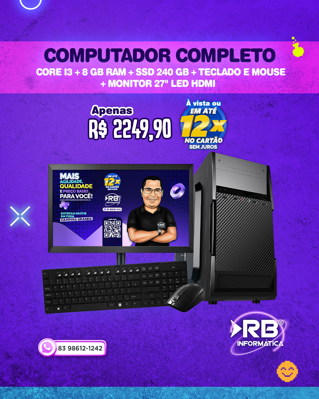 Computador Completo Core i3 + 8GB RAM + SSD 240GB + Teclado e Mouse + Monitor 27" LED HDMI