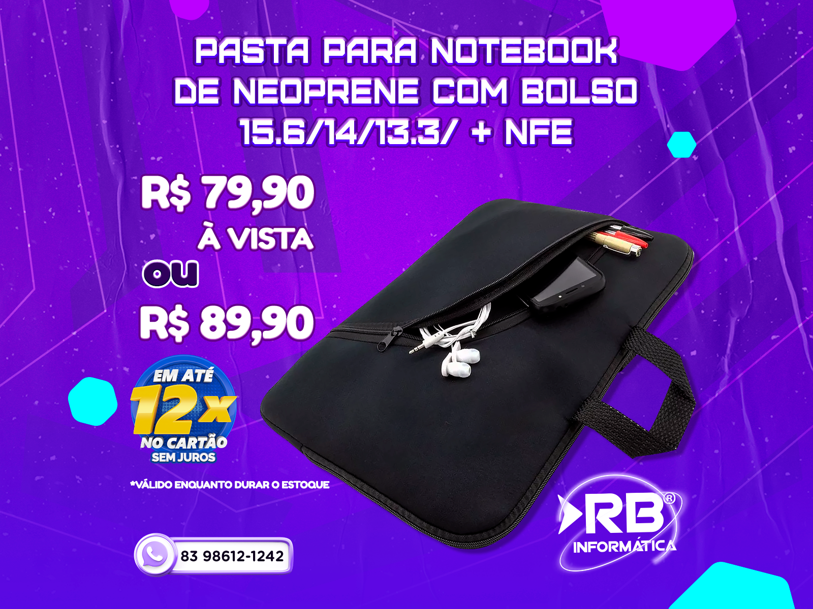 Pasta para Notebook de Neoprene com bolso 15.6/14/13.3/ + NFE