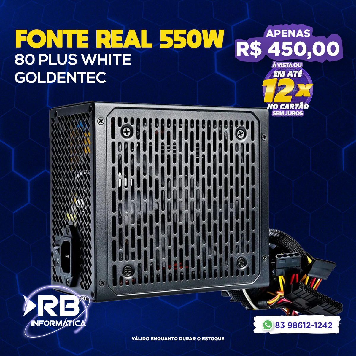 Fonte real 550W 80 plus white Goldentec