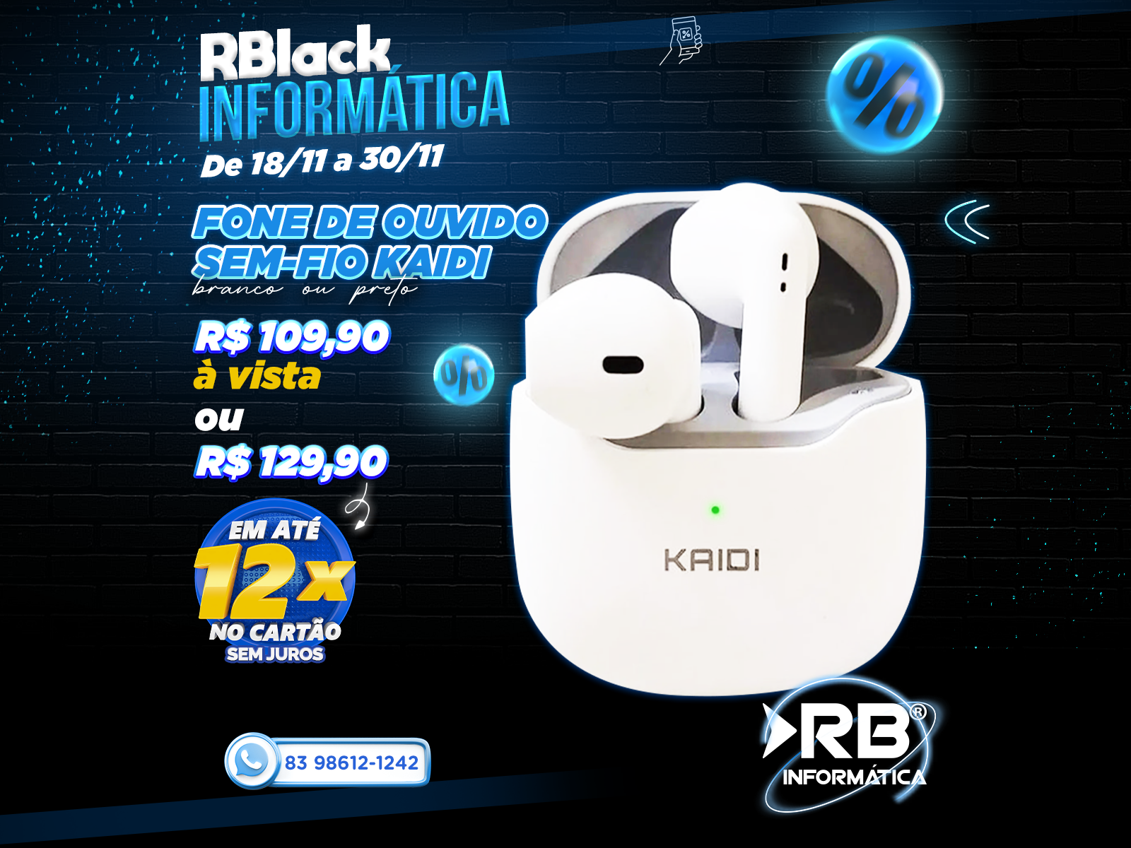 Fone de Ouvido sem-fio KAIDI branco ou preto