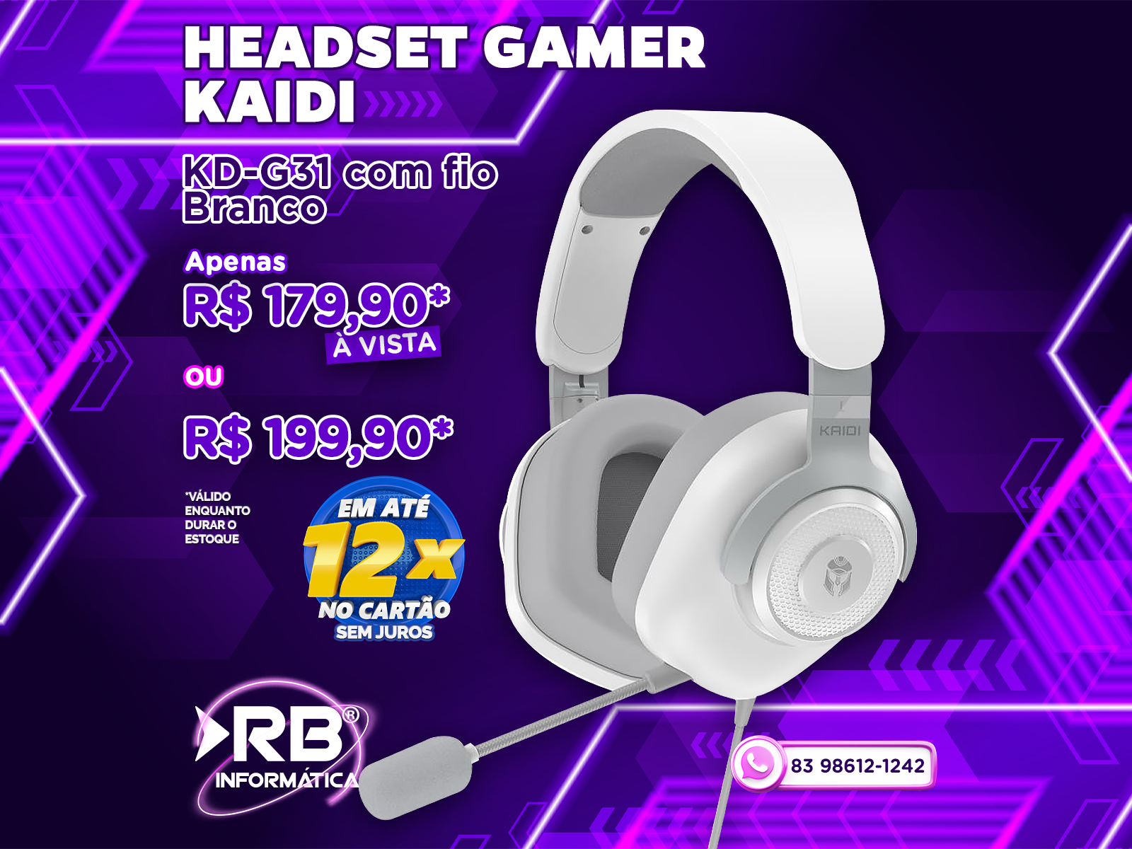 Headset Gamer KAIDI Branco