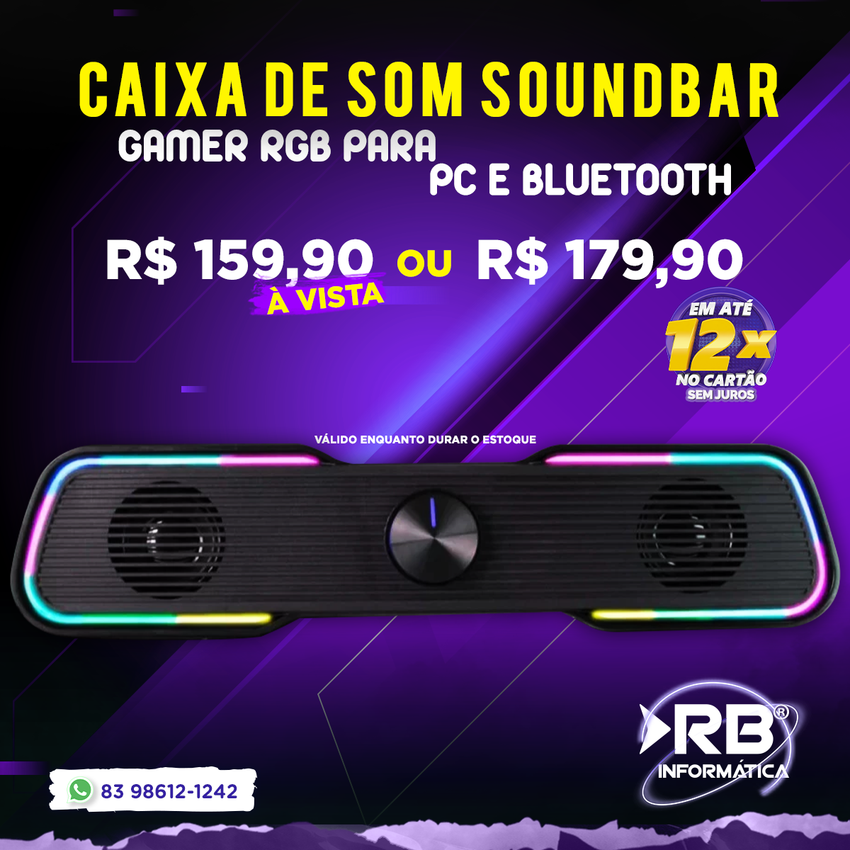 Caixa de som SOUNDBAR GAMER RGB para PC e Bluetooth