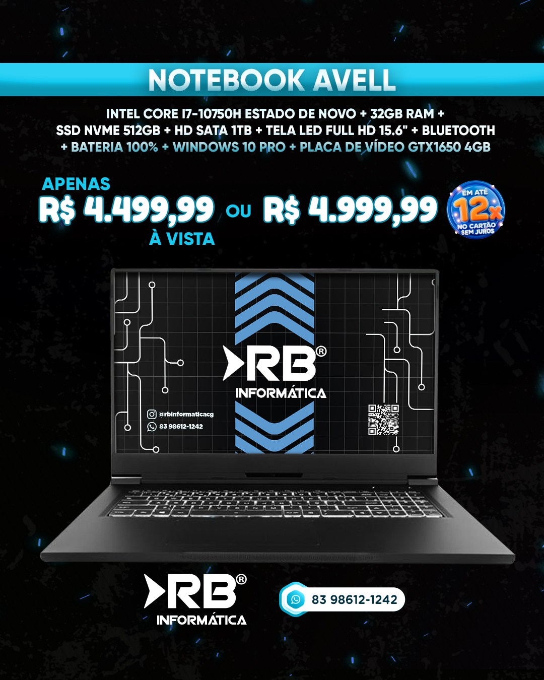 NOTEBOOK AVELL INTEL CORE i7-10750H ESTADO DE NOVO + 32GB RAM + SSD NVME 512GB + HD SATA 1TB