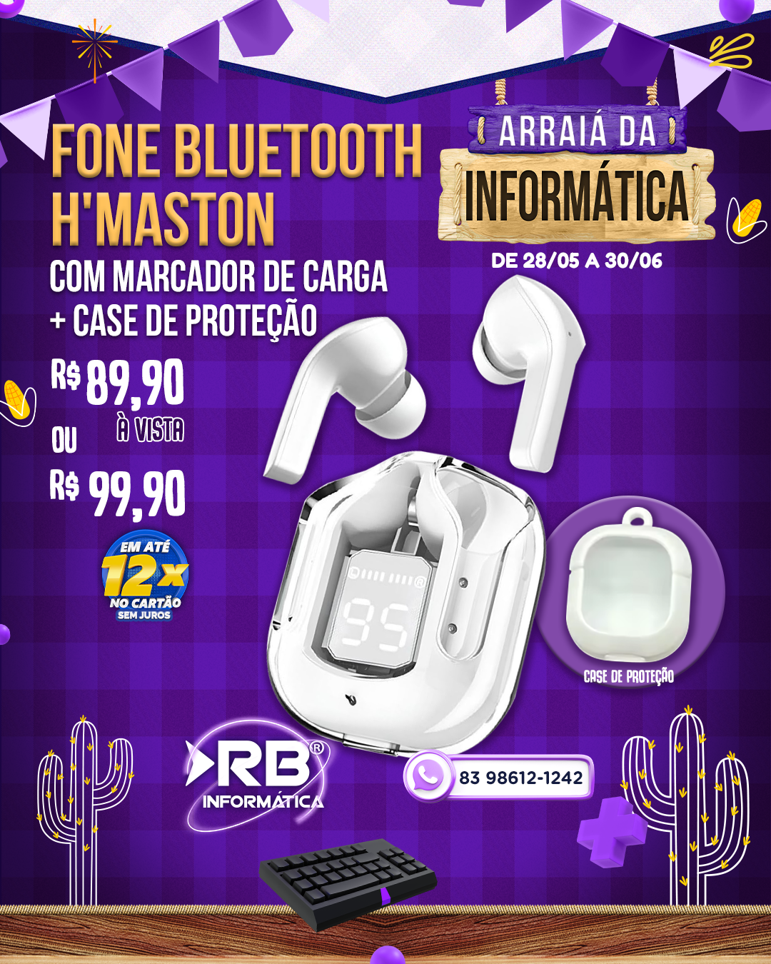 Fone Bluetooth H'MASTON com Marcador de Carga + Case de Proteção