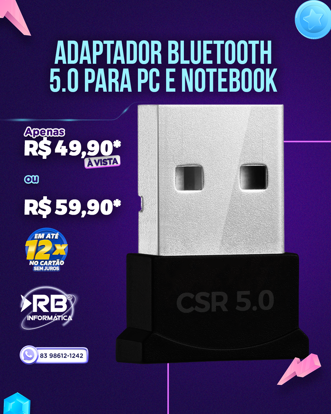 Adaptador Bluetooth 5.0 para PC e Notebook