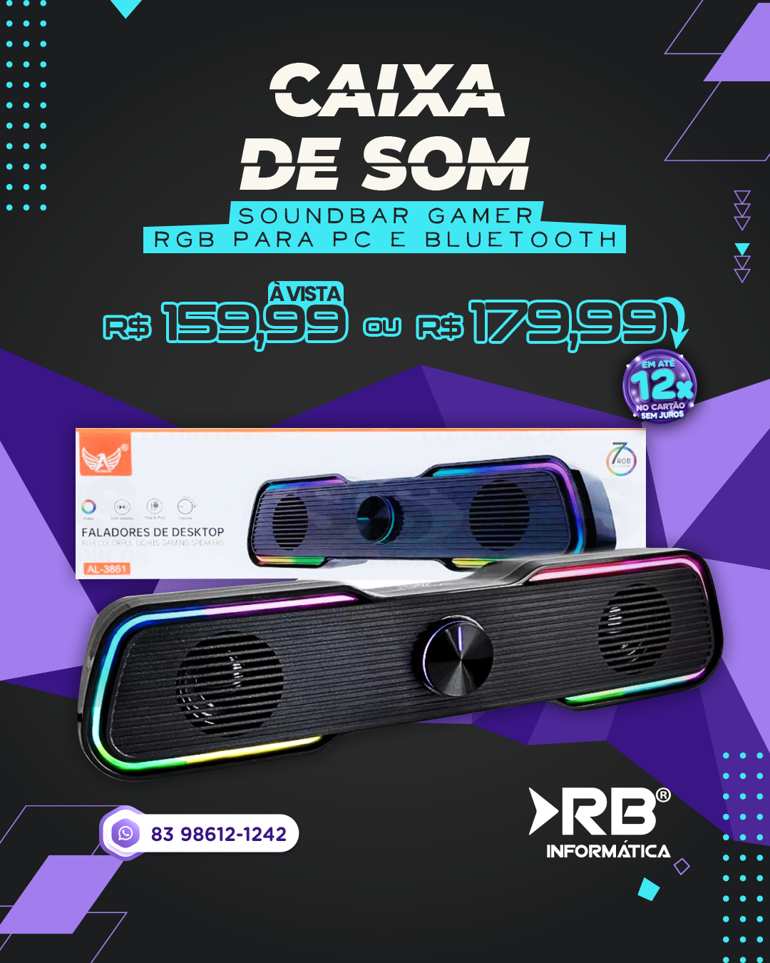 Caixa de Som Soundbar Gamer RGB para PC e Bluetooth