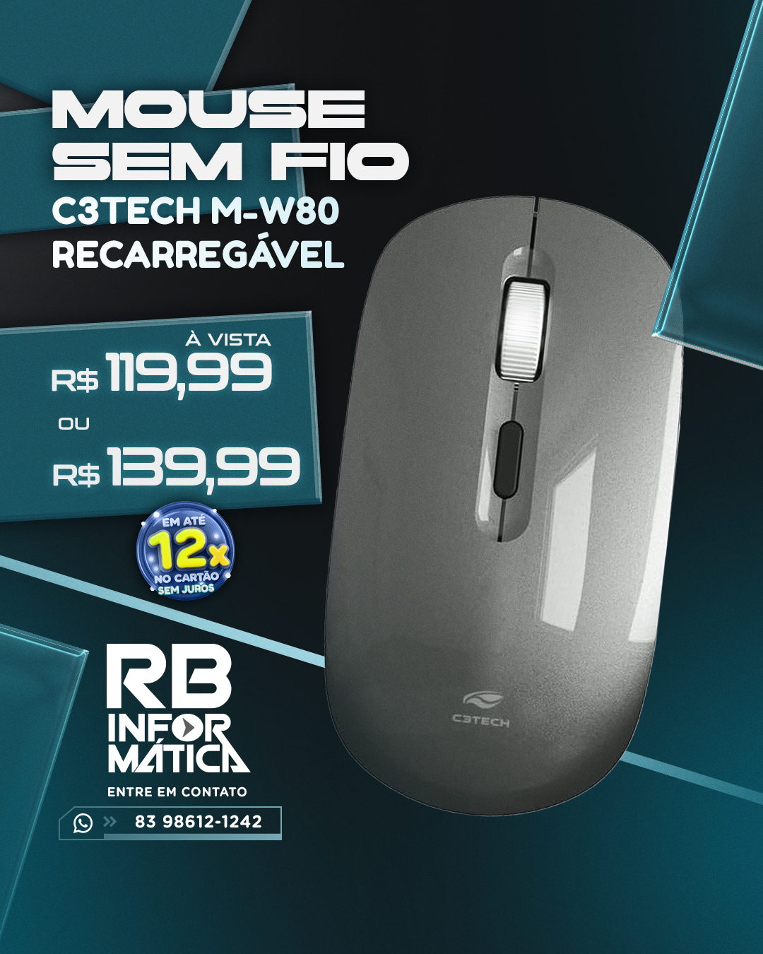 Mouse sem fio RECARREGÁVEL - C3TECH M-W80