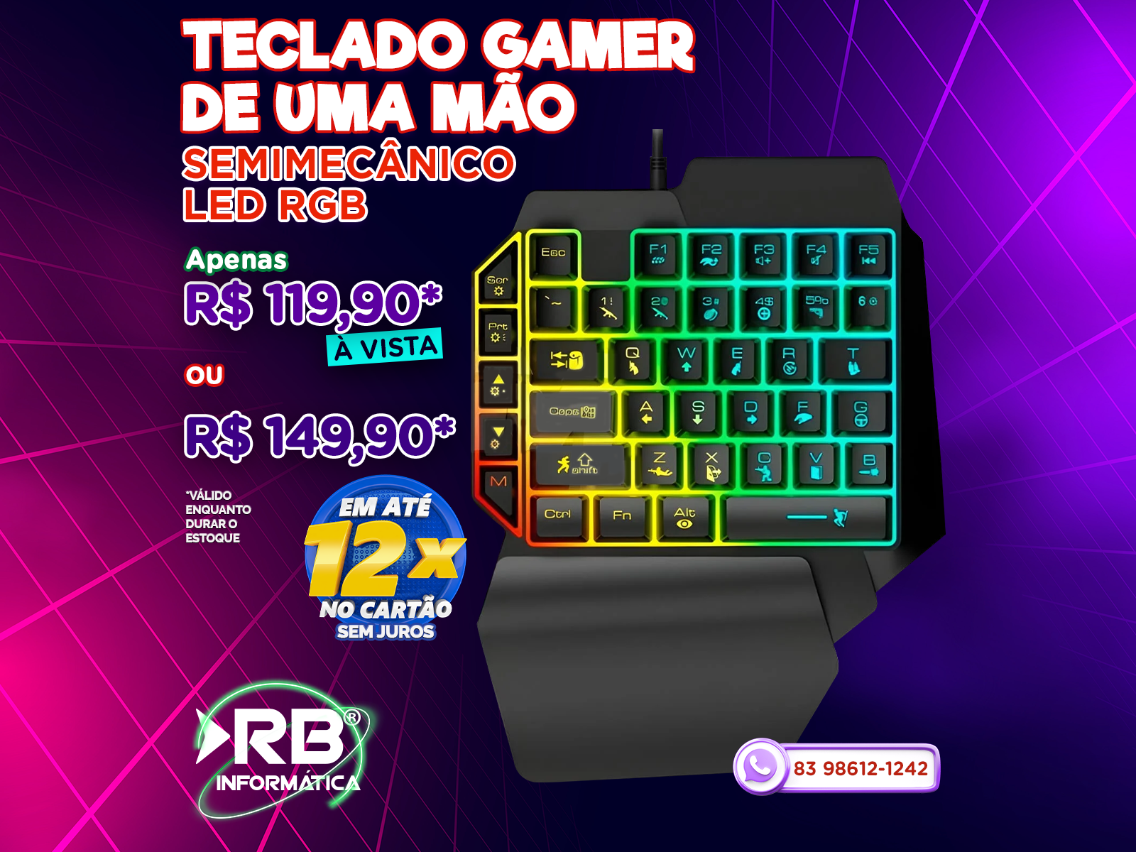 Teclado gamer de uma mão semimecânico LED RGB