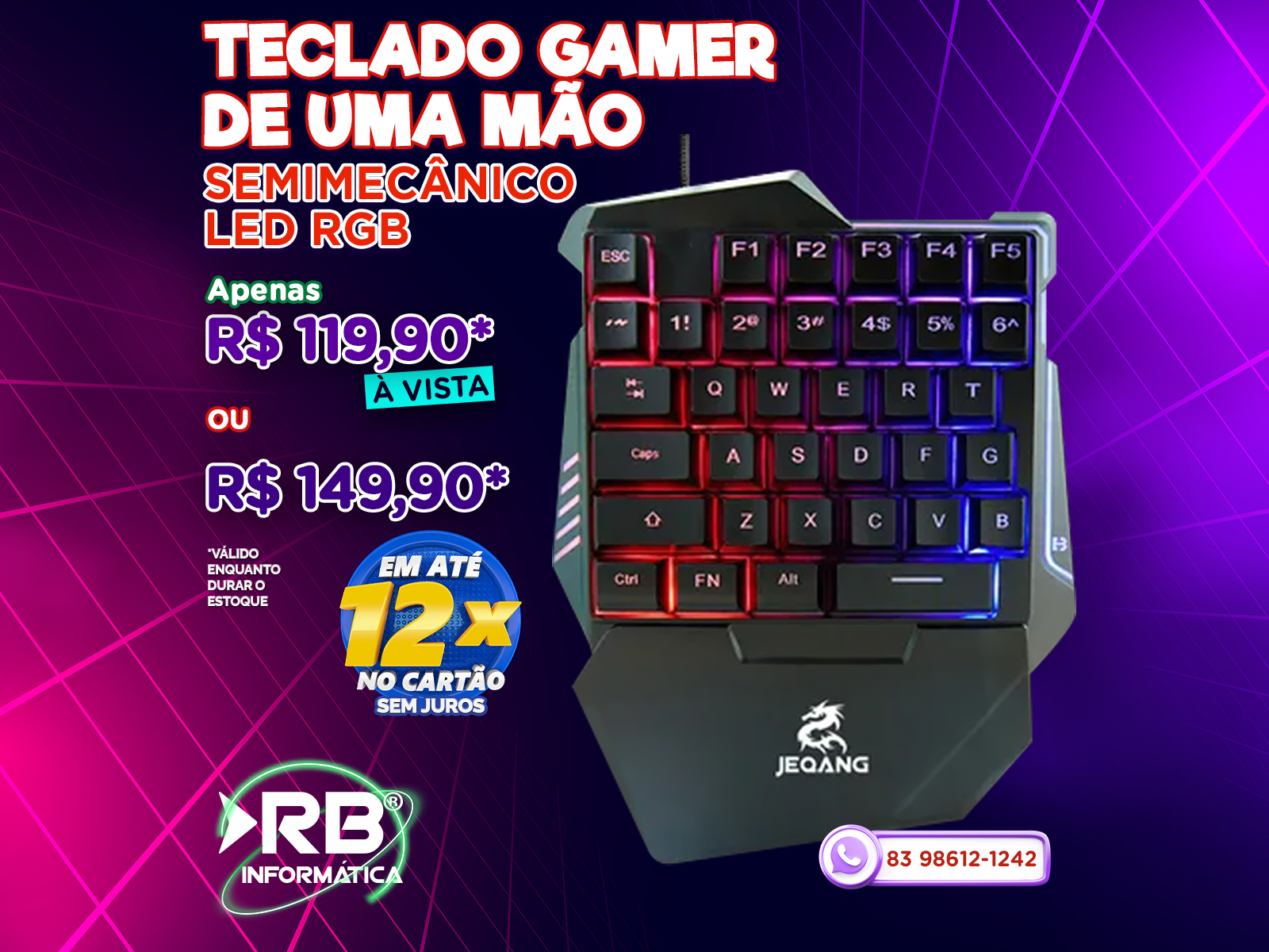 Teclado gamer de uma mão semimecânico LEG RGB JEQANG