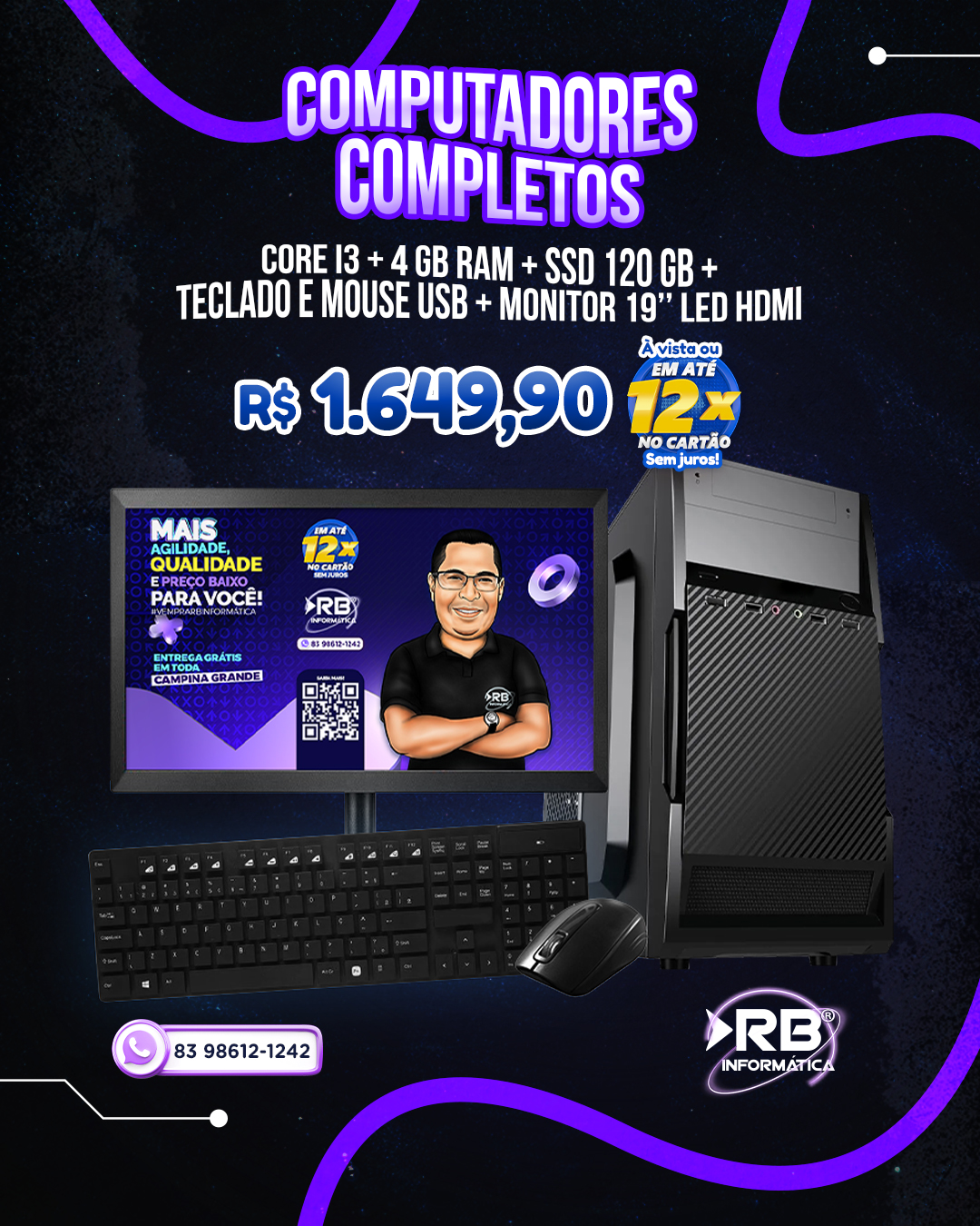 Computador Completo Core i3 + 4GB RAM + SSD 120GB + Teclado e Mouse USB + Monitor 19" LED HDMI