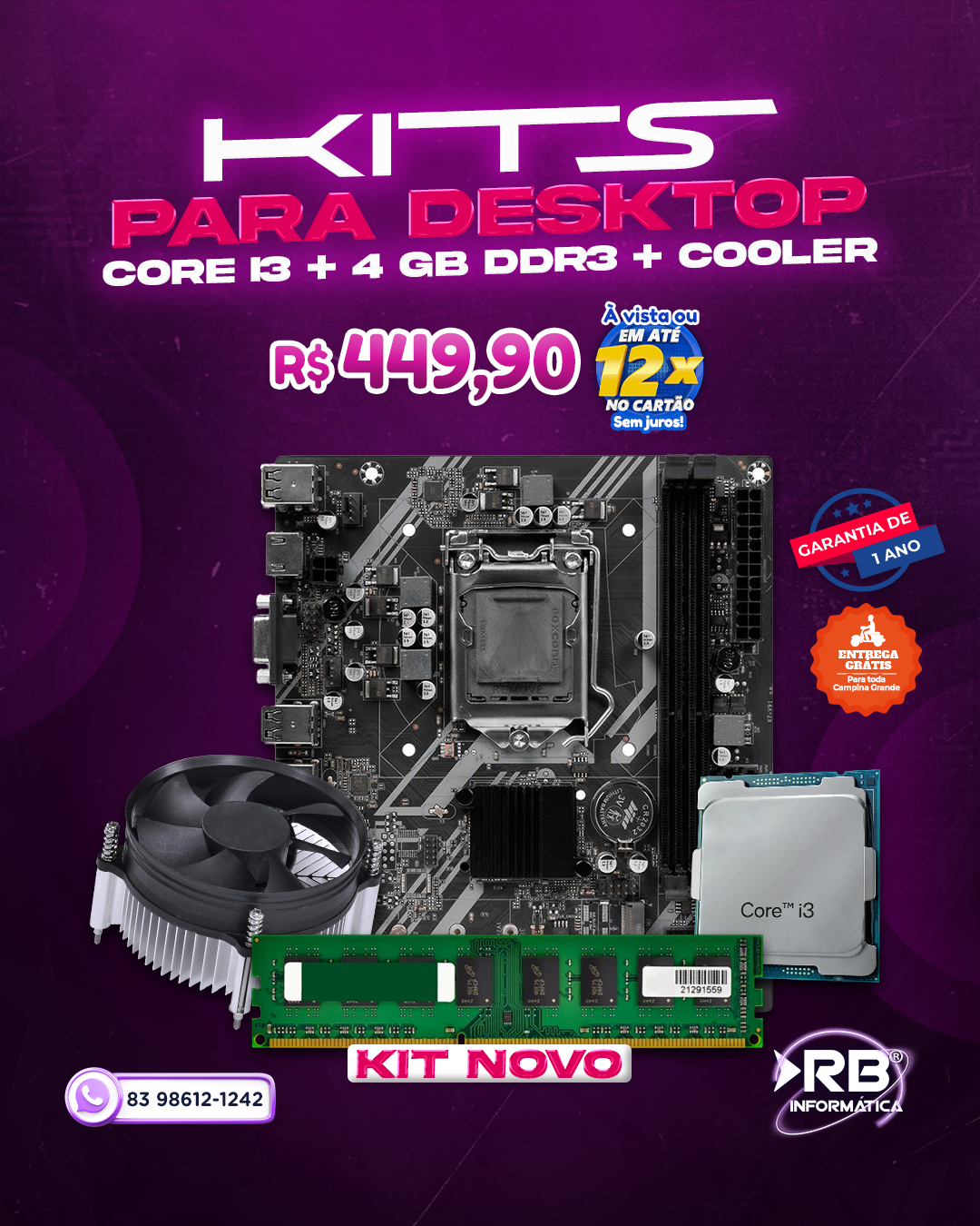 Kit para Desktop Core i3 + 4GB DDR3 + Cooler