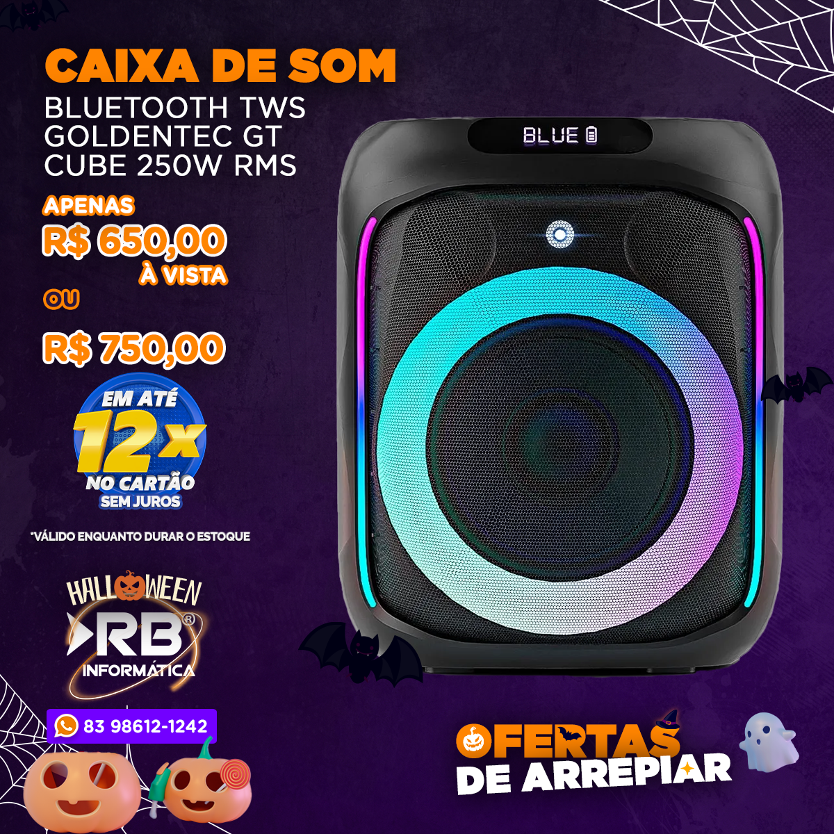 Caixa de som bluetooth TWS Goldentec GT Cube 250W RMS