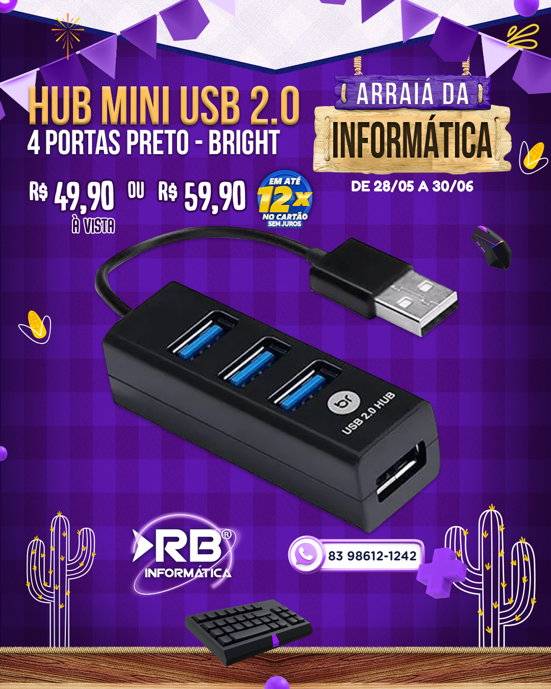 HUB Mini USB 2.0 - 4 Portas - Preto