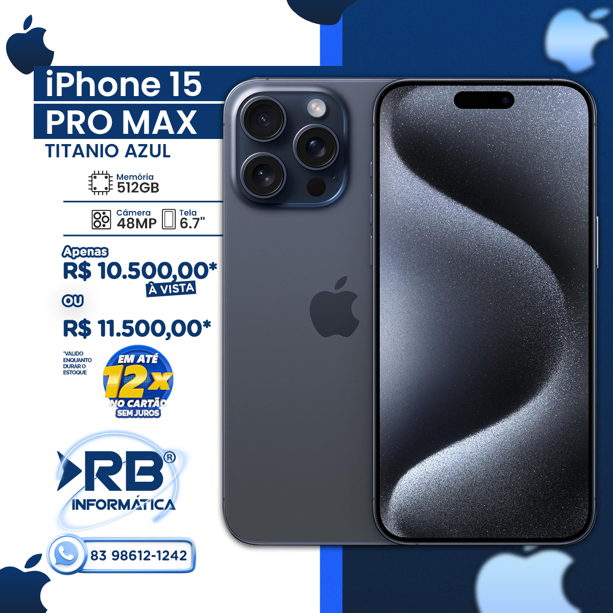 Apple iPhone 15 PRO MAX 512GB TITANIO AZUL Tela 6.7" 48MP IOS