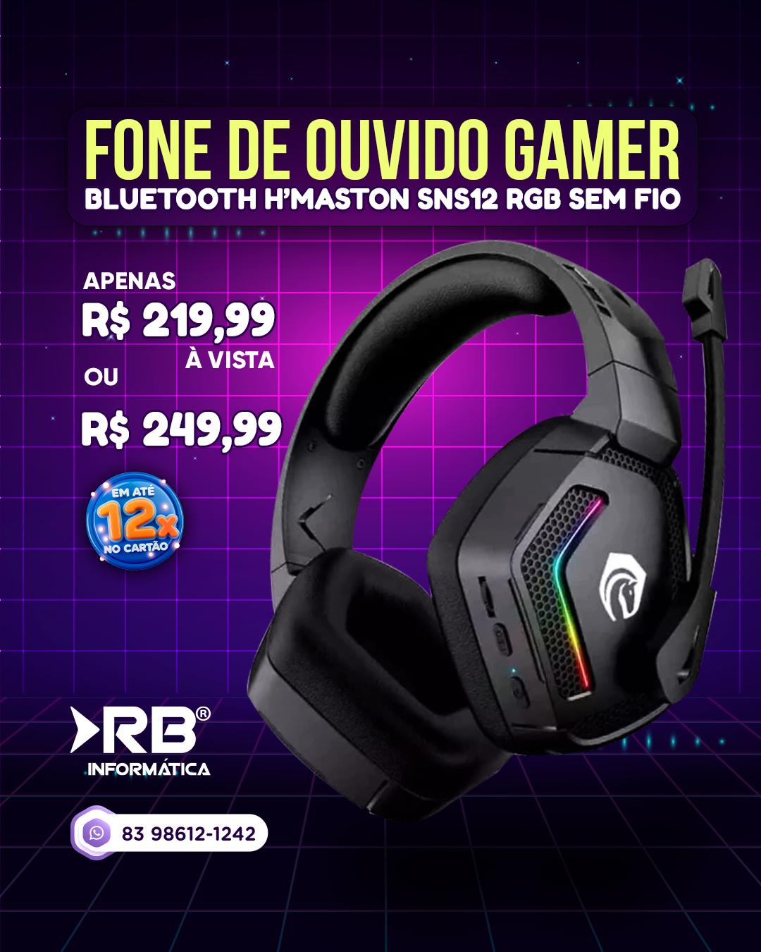 FONE DE OUVIDO GAMER - BLUETOOTH - H’MASTON SNS12 RGB - SEM FIO