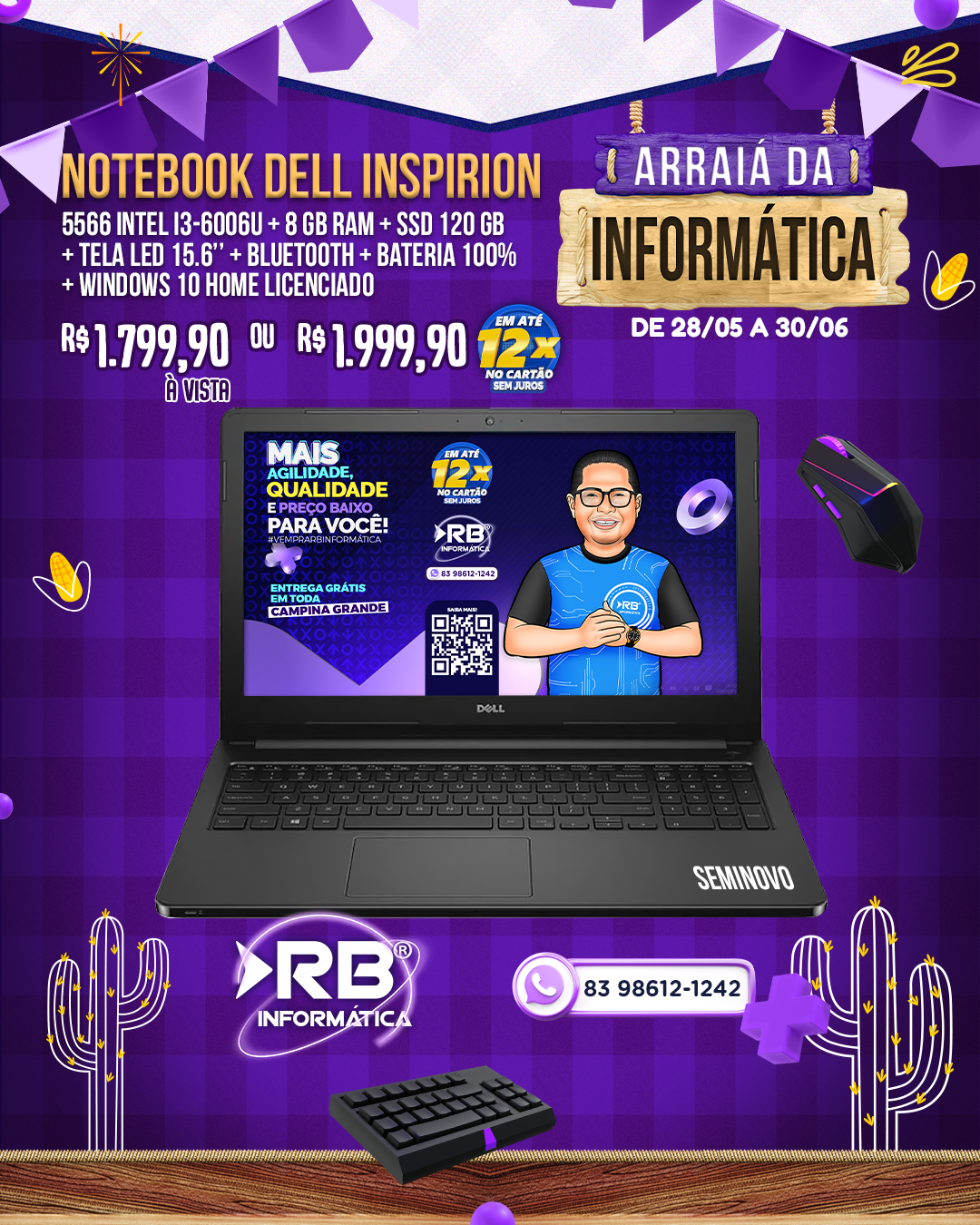 Notebook Dell Inspiron 5566 Intel i3 + 8GB RAM + SSD 120GB + Tela LED 15.6