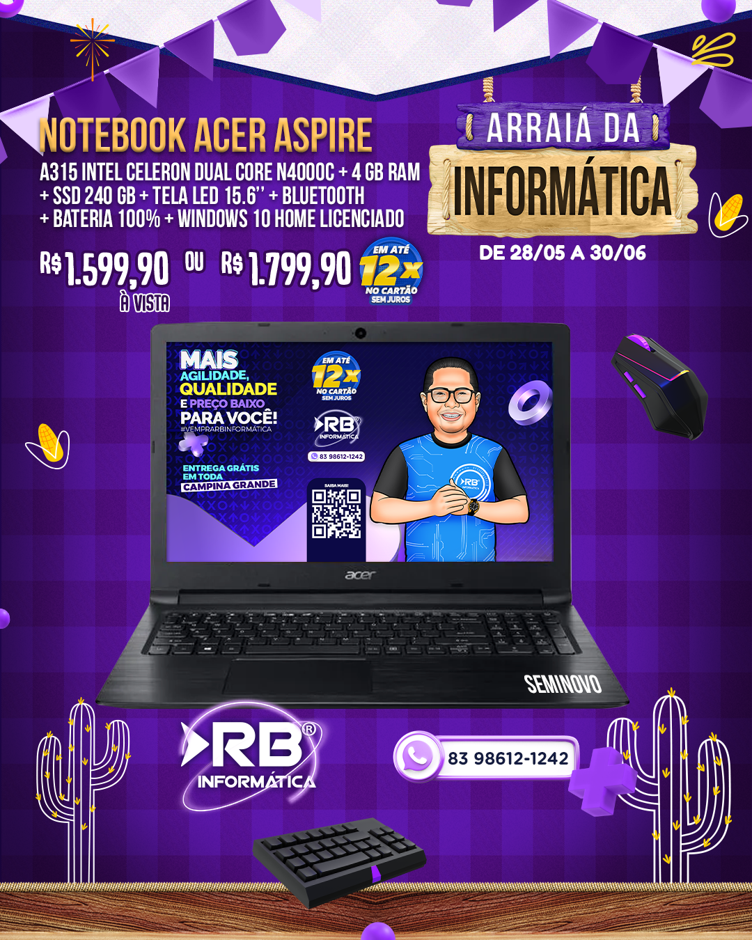 Notebook Acer Aspire A615 Intel Celeron Dual Core N4000C + 4GB RAM + ssd 240GB + Tela LED 15.6