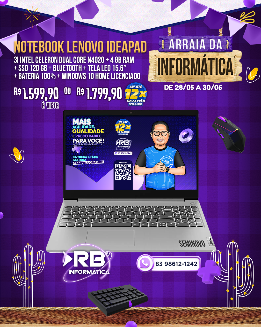 Notebook LENOVO IDEAPAD Intel Celeron + 4GB RAM + SSD 120GB + Tela LED 15.6