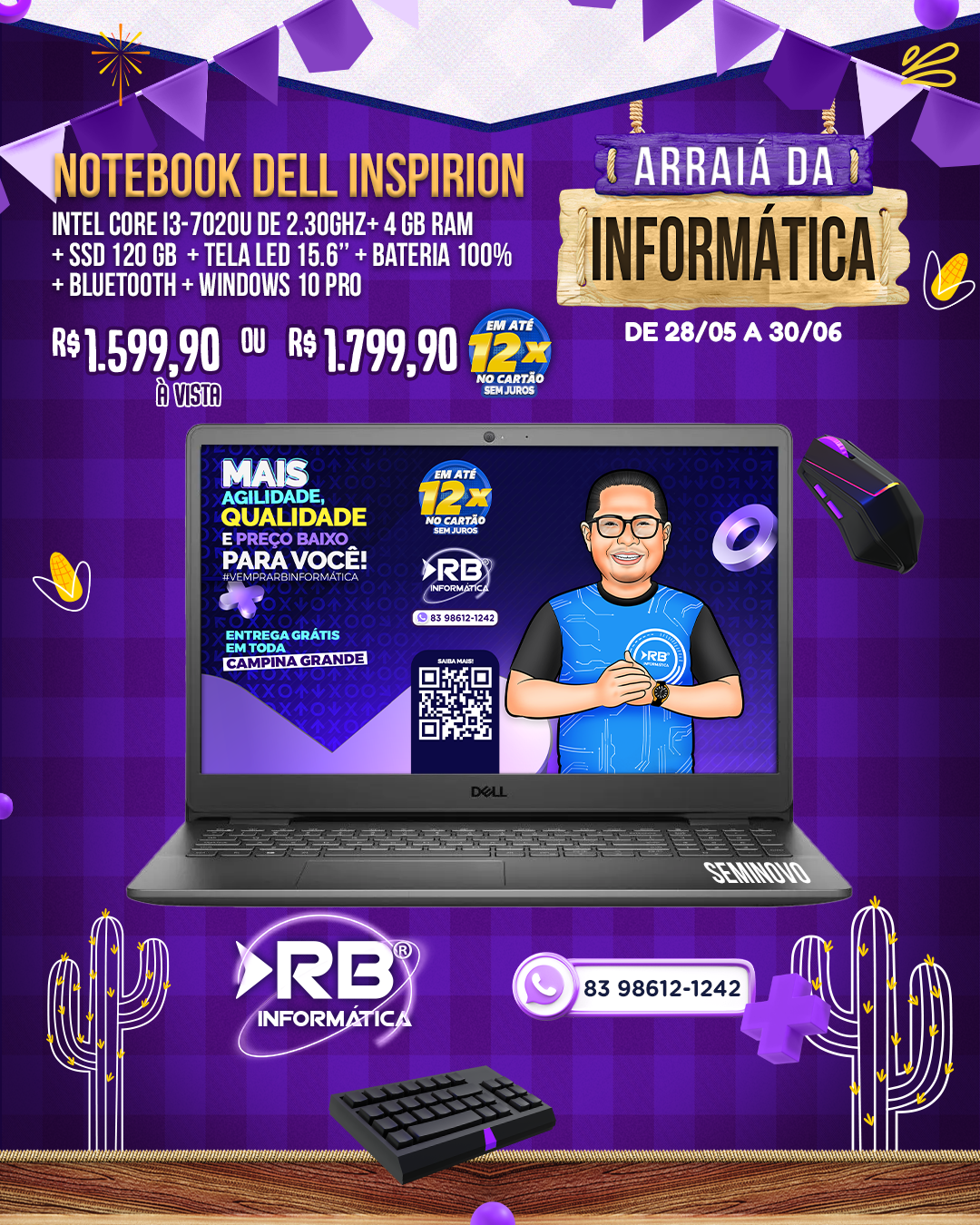 Notebook Dell Inspiron Core i3 + 4GB RAM + SSD 120GB + Tela LED 15.6
