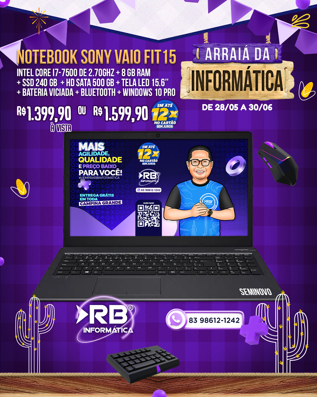 Notebook Sony Vaio FIT15 Intel Core i7 + 8GB RAM + SSD 240GB + Tela LED 15.6"