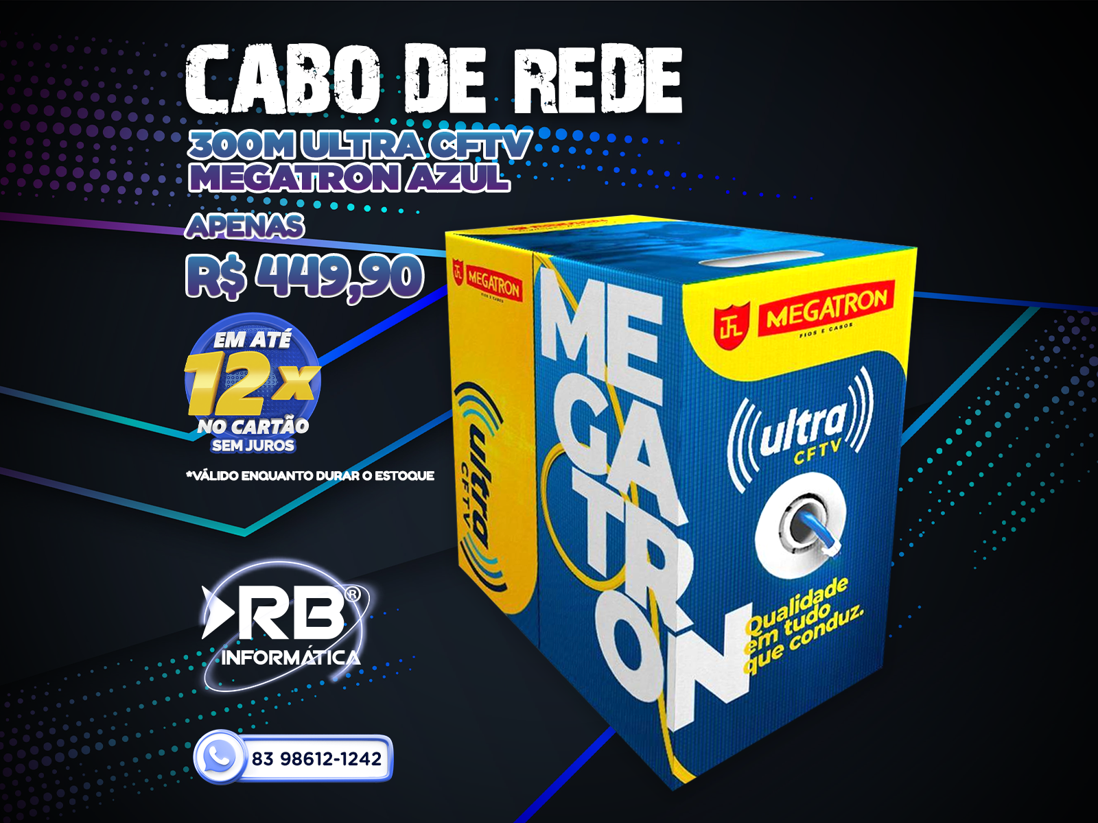 Cabo de rede 300M ULTRA CFTV MEGATRON Azul