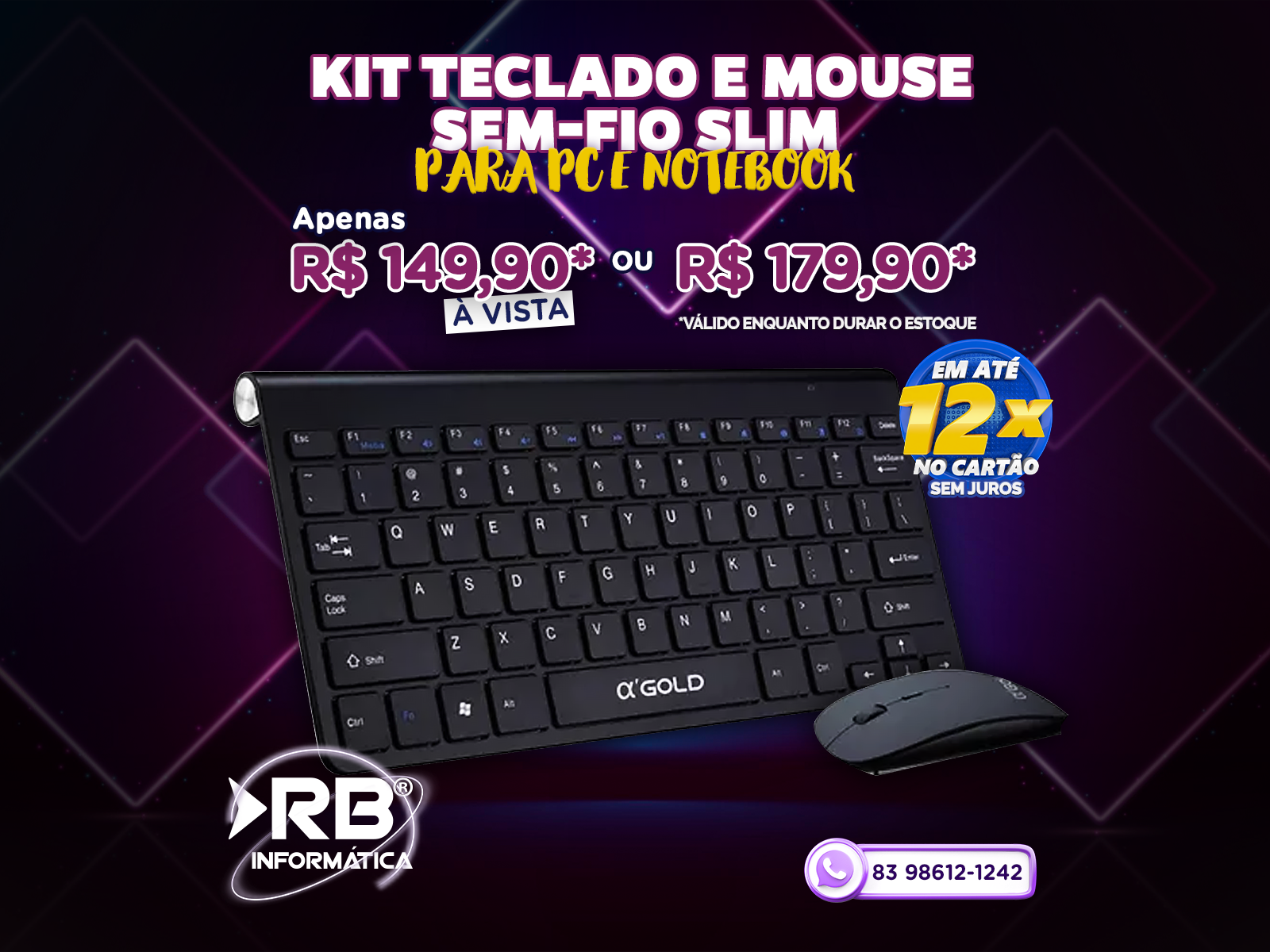 Kit teclado e mouse sem-fio slim