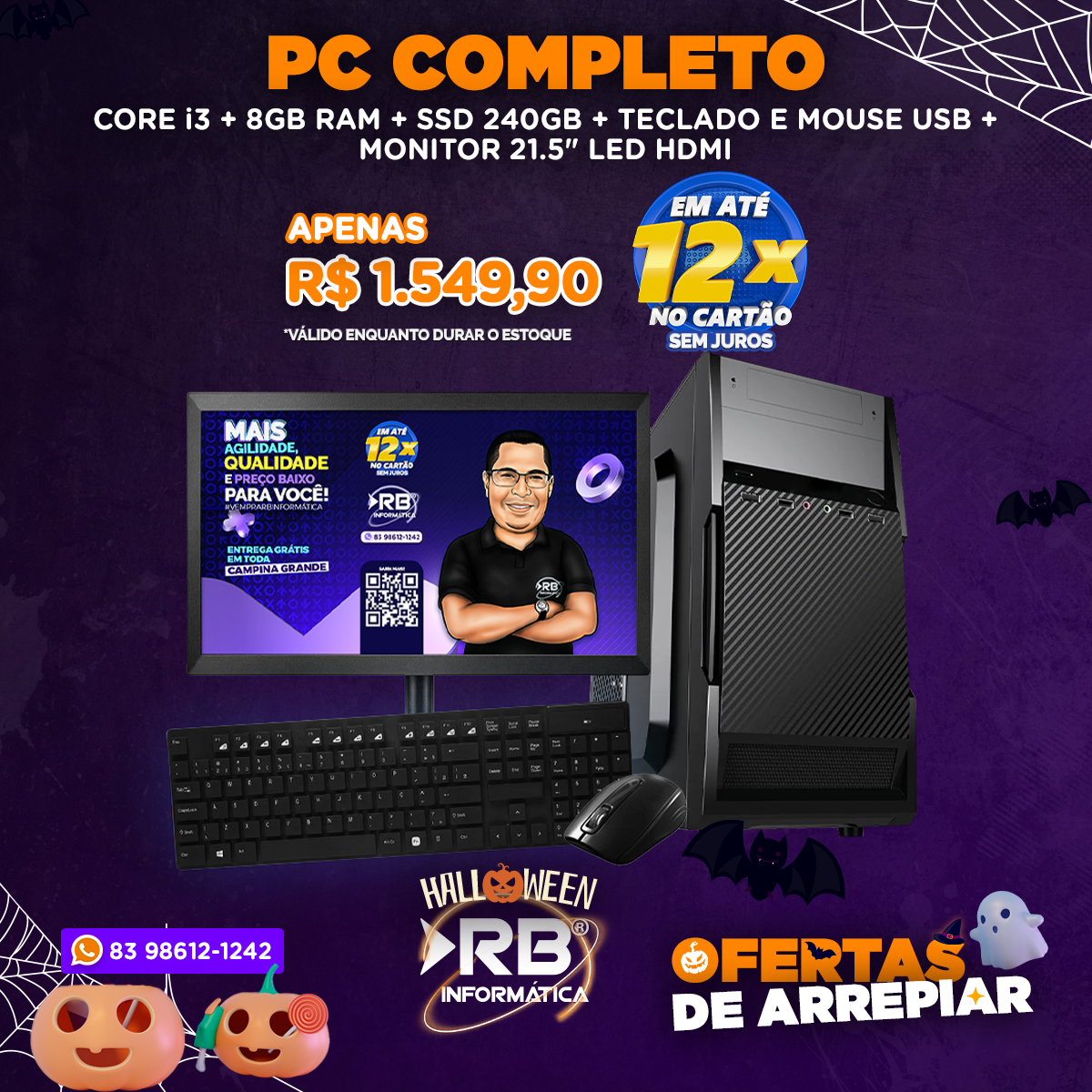 PC Completo Core i3 + 8GB RAM + SSD 240GB + Teclado e mouse USB + Monitor 21.5" LED HDMI