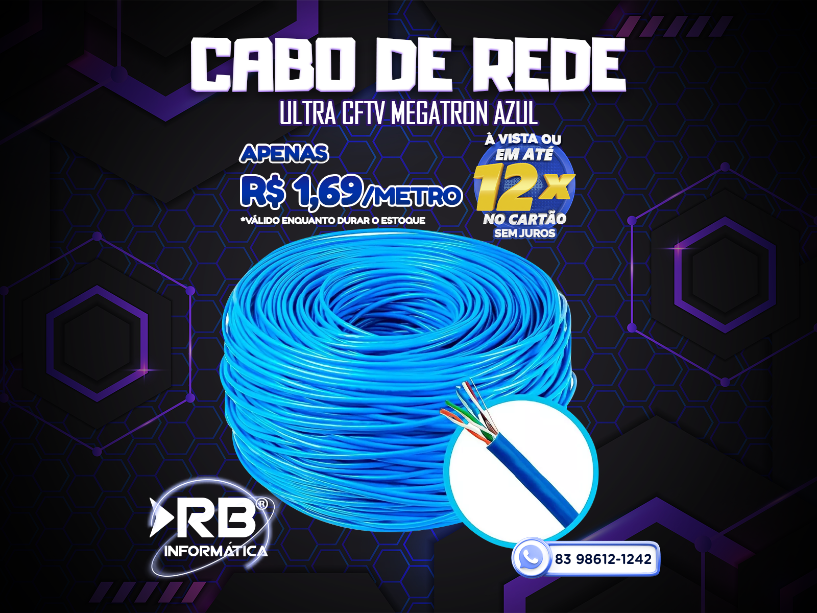 Cabo de rede ultra CFTV MEGATRON azul