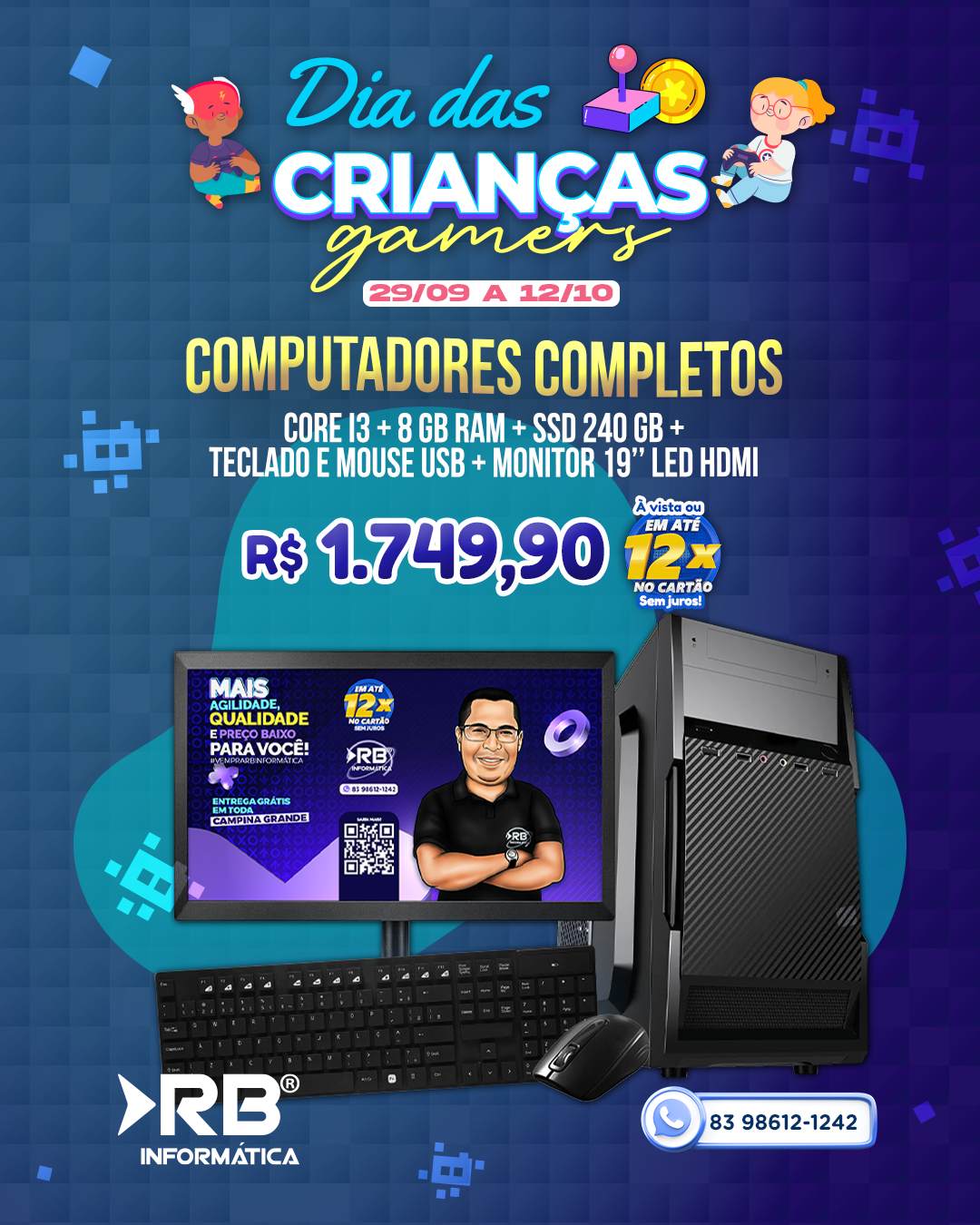 Computador completo Core i3 + 8GB de RAM + SSD 240GB + Teclado e Mouse USB + Monitor 19" LED HDMI