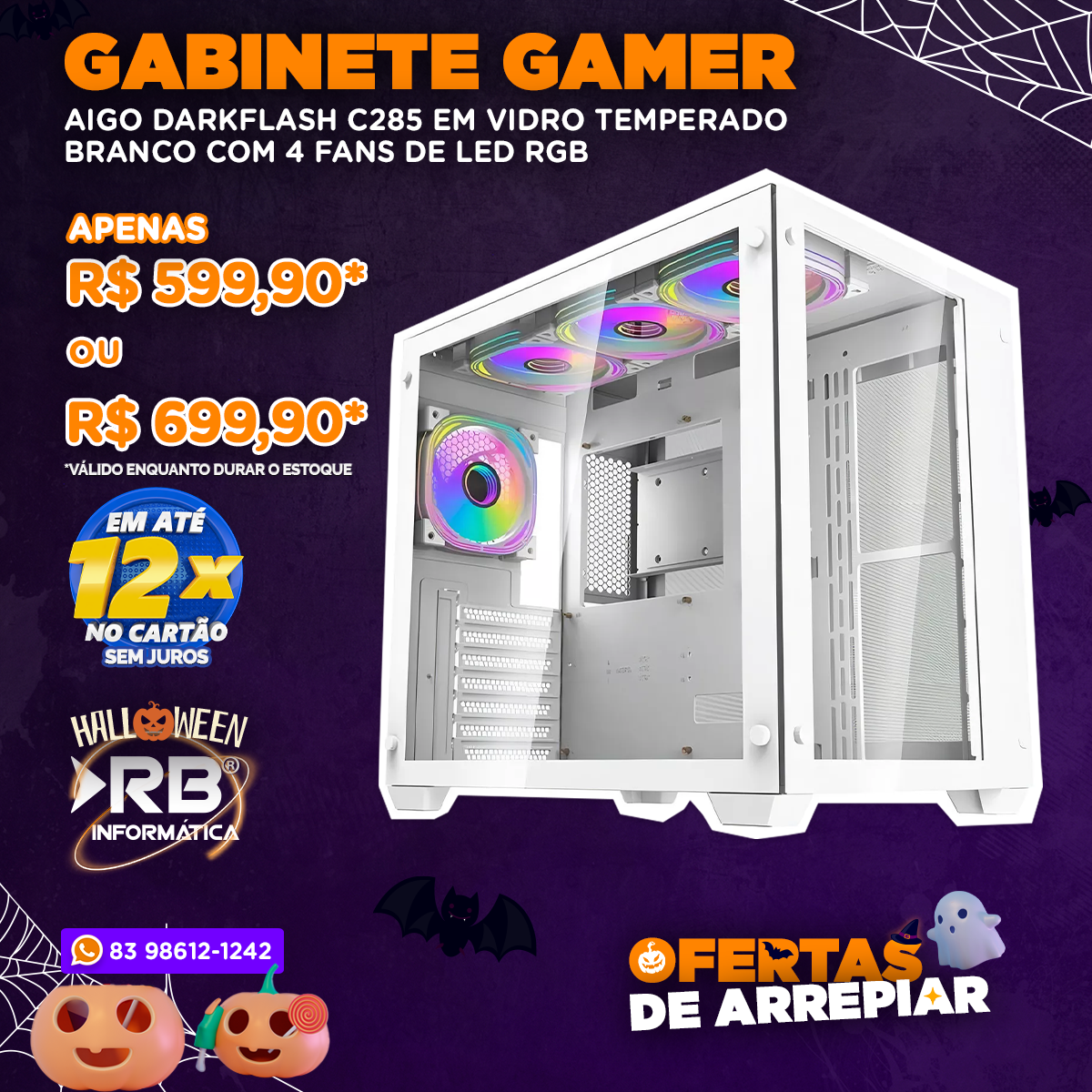 Gabinete Gamer AIGO DARKFLASH C285 em vidro temperado Branco com 4 fans de LED RGB