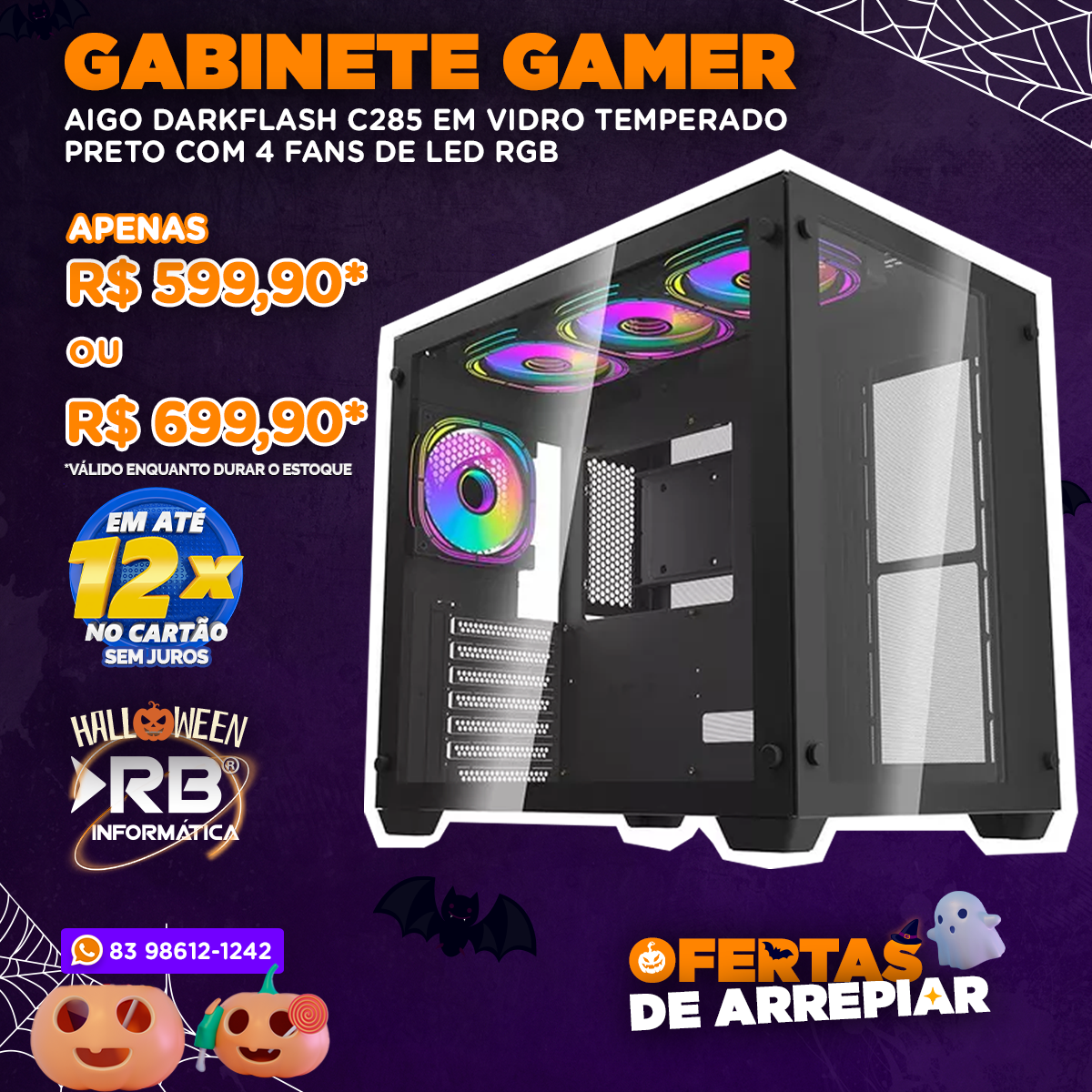 Gabinete Gamer AIGO DARKFLASH C285 em vidro temperado Preto com 4 FANS de LED RGB