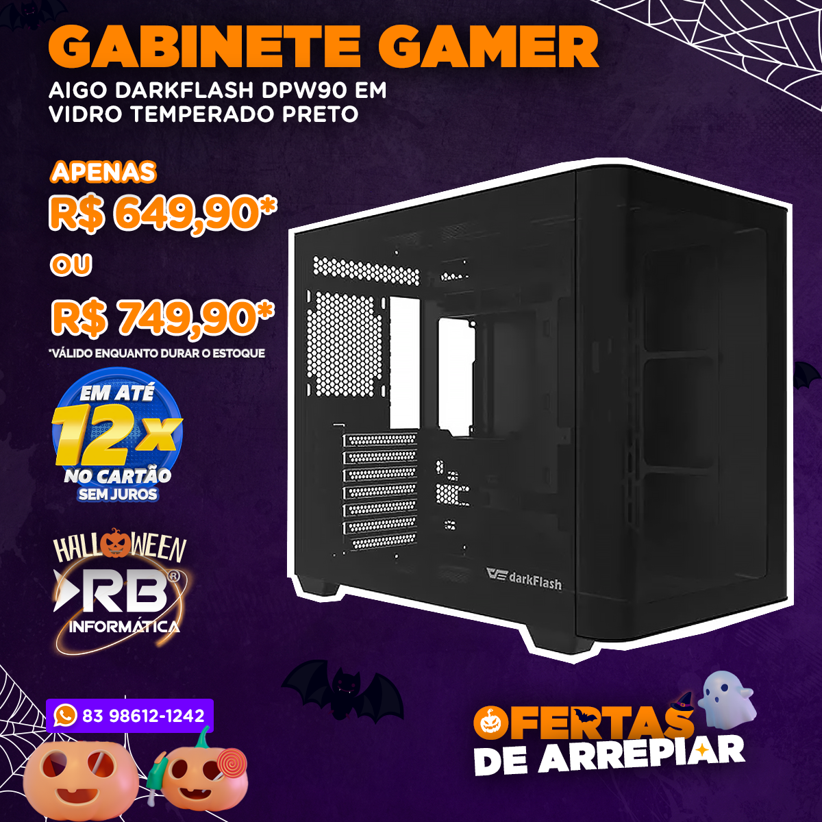 Gabinete Gamer AIGO DARKFLASH DPW90 em vidro temperado Preto