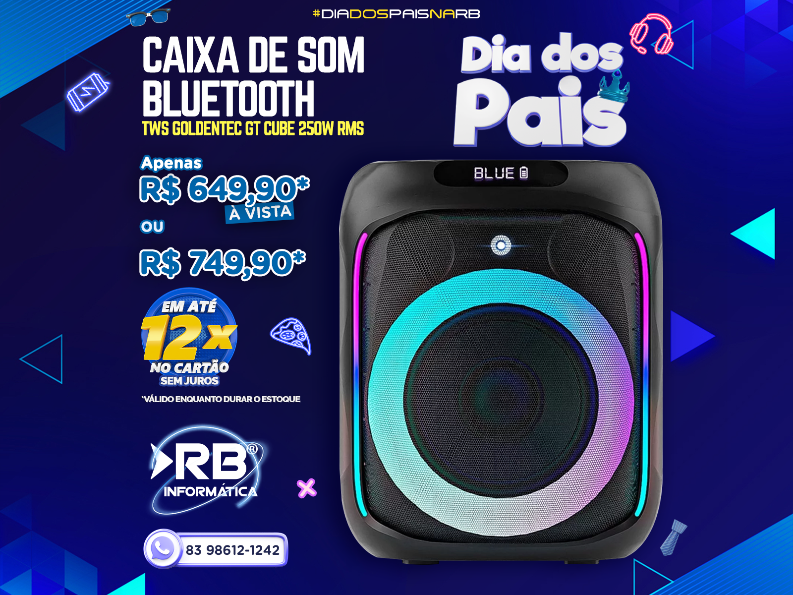 Caixa de som bluethoot TWS Goldentec GT CUBE 250W RMS