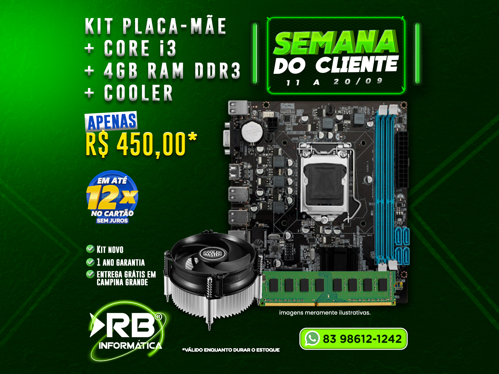 Kit placa-mãe Core i3 4GB RAM DDR3