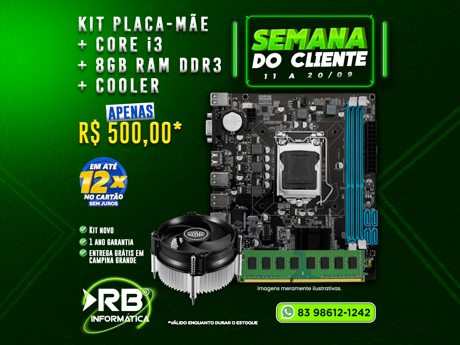 Kit placa-mãe Core i3 8GB RAM DDR3