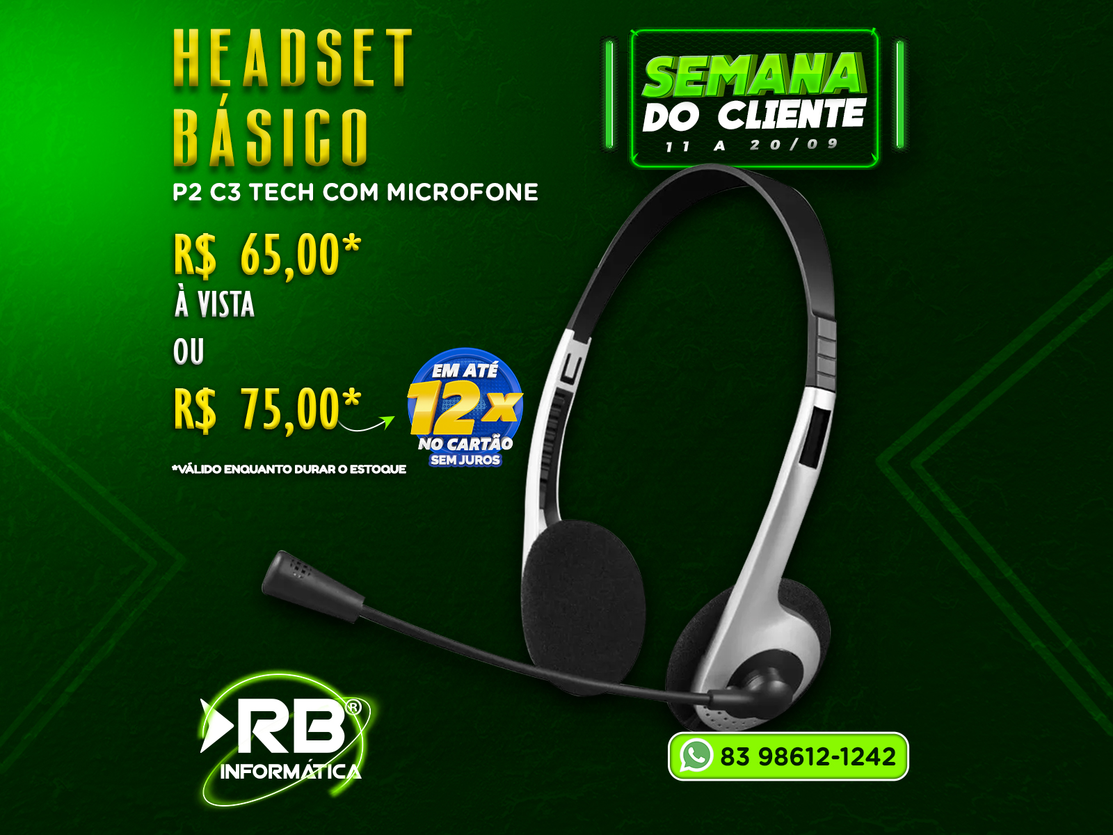 Headset básico P2 C3 TECH com microfone