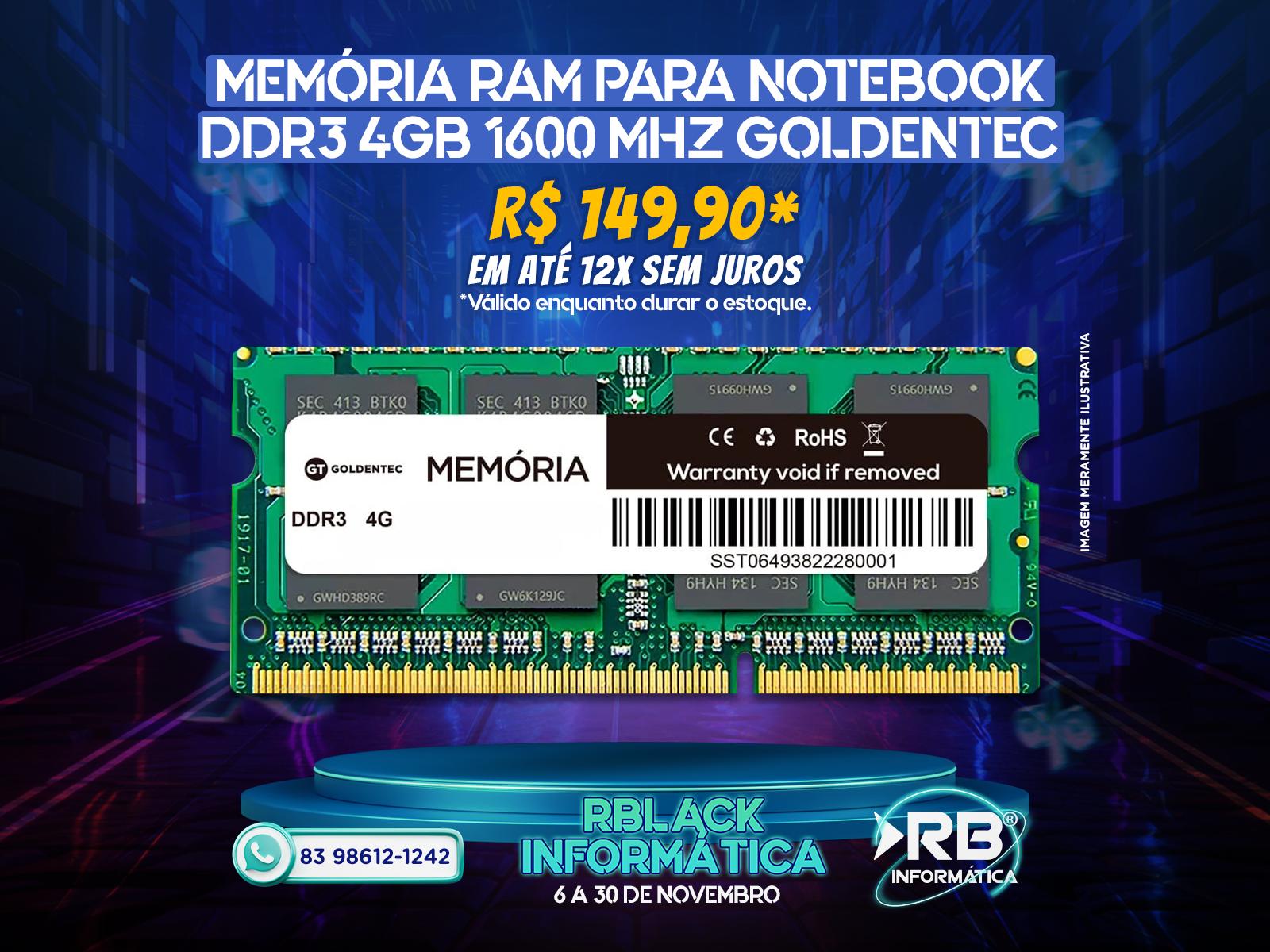 Memória RAM para Notebook DDR3 4GB 1600 MHZ Goldentec