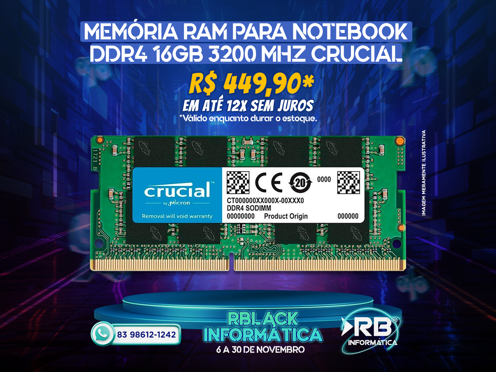 Memória RAM para Notebook DDR4 16GB 3200 MHZ Crucial