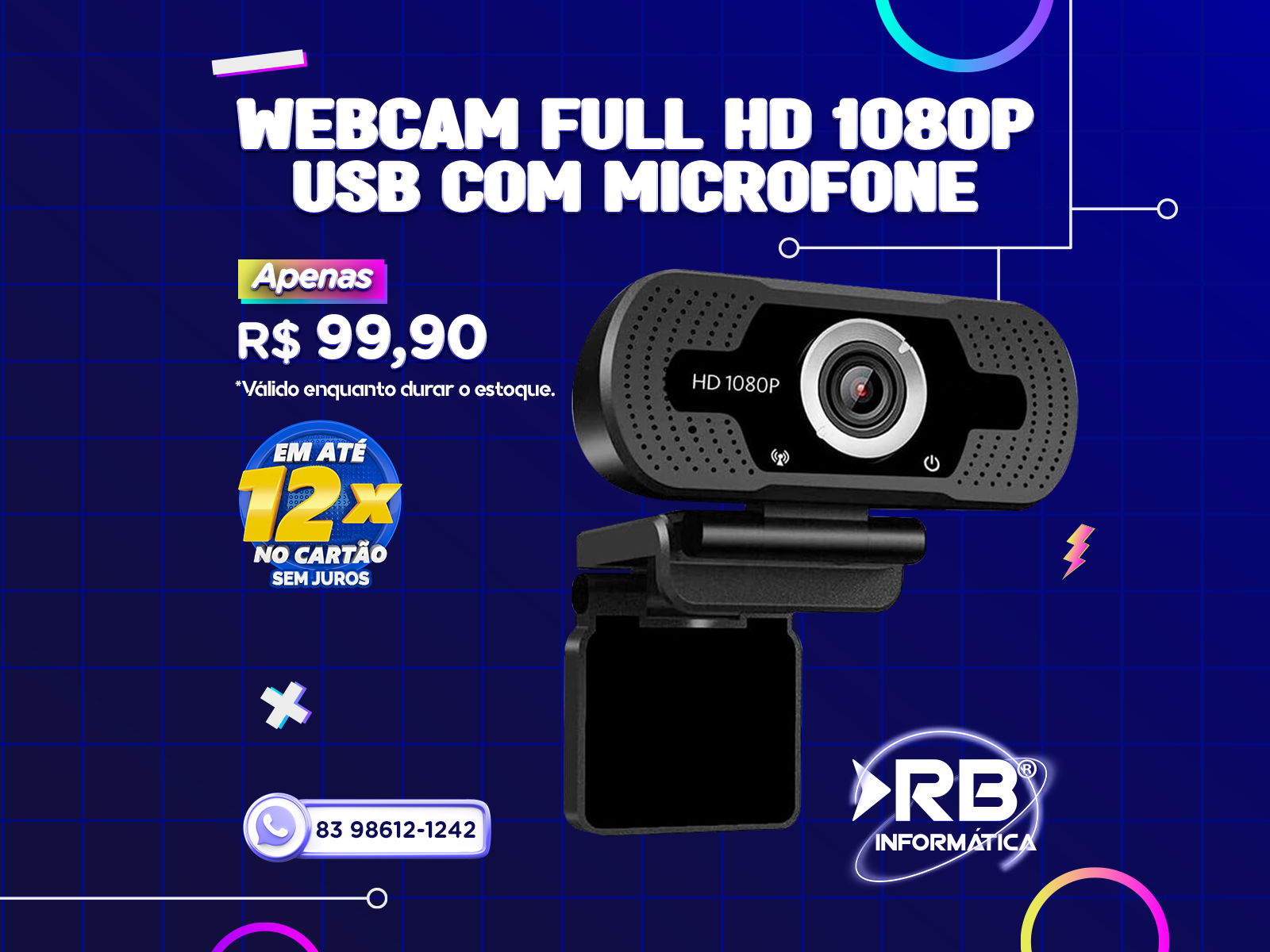 Webcam FULL HD 1080P USB com microfone